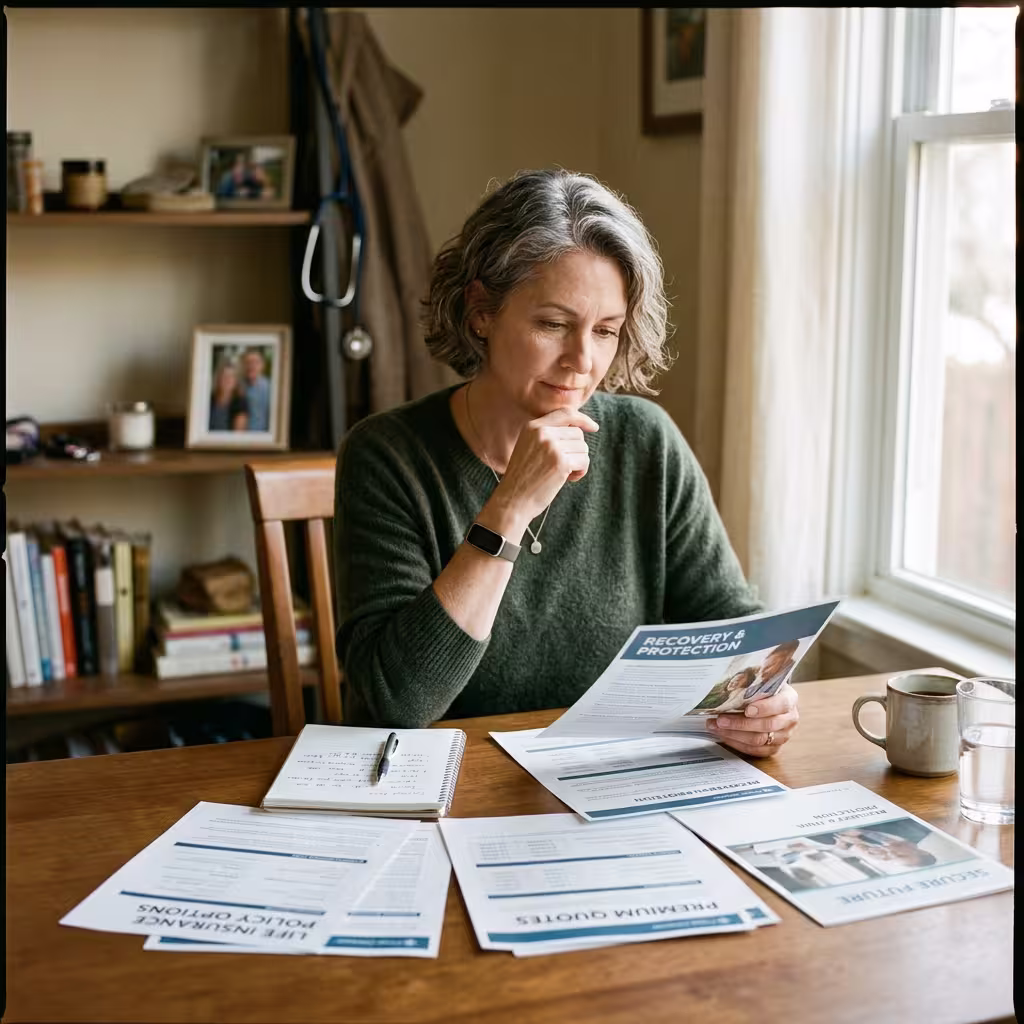 Calm adult recovering from a heart attack reviews life insurance with pre-existing conditions options.