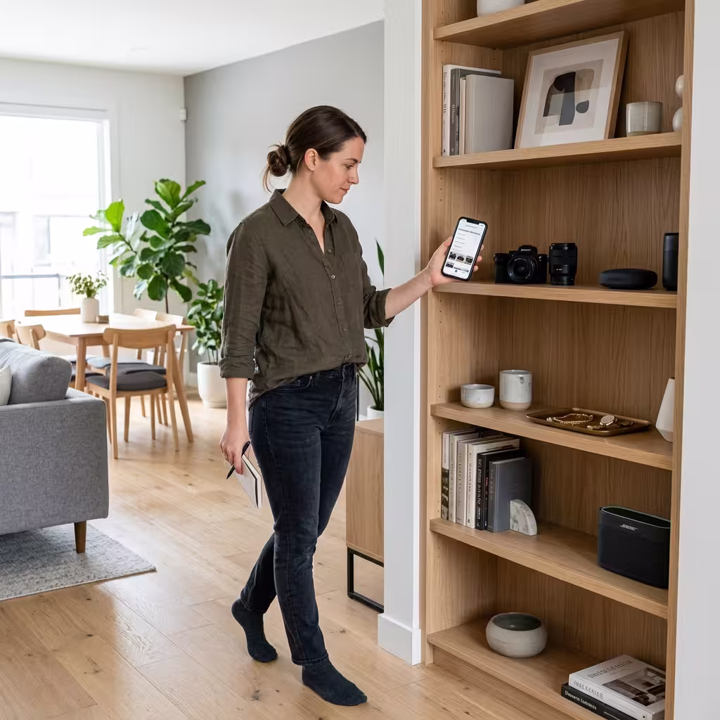 Homeowner records a home inventory while learning how to file a homeowners insurance claim.