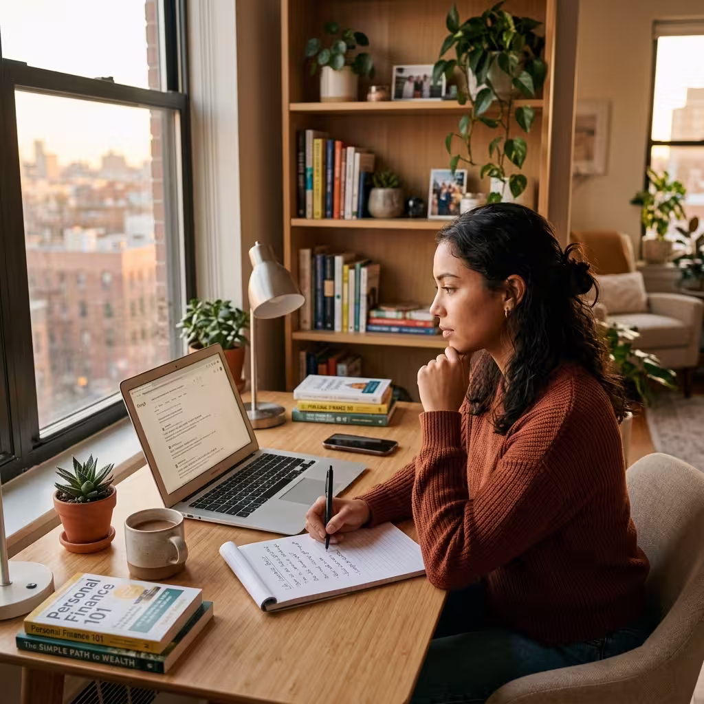 Young adult researches cheap life insurance for young adults on a laptop and takes notes in a cozy apartment.