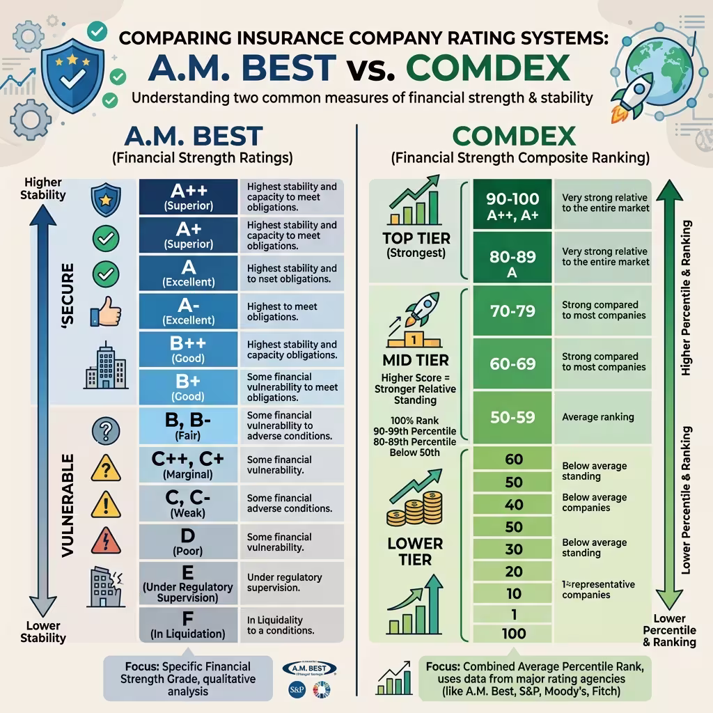 An infographic comparing A.M. Best and COMDEX ratings, helping consumers identify the best life insurance companies.
