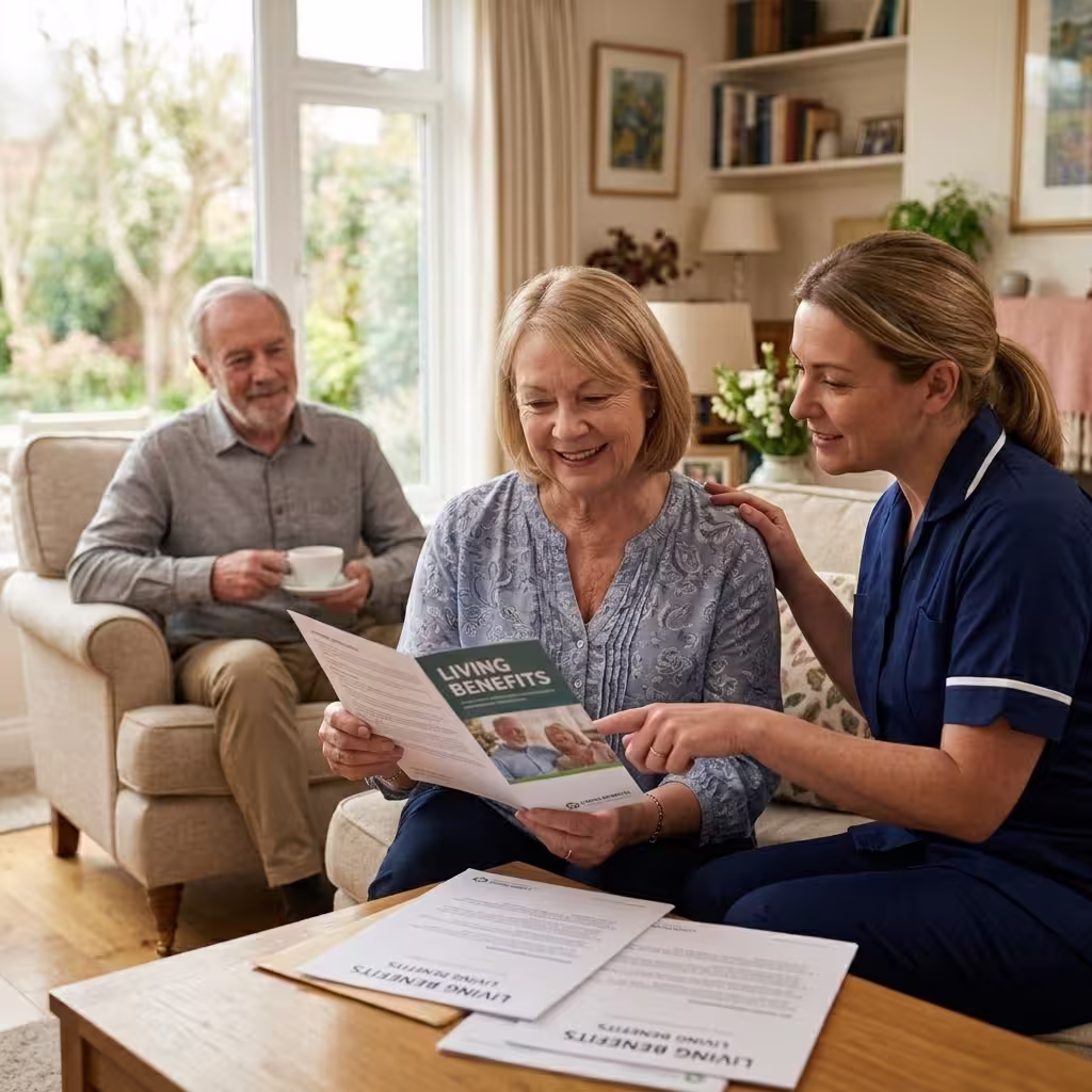 Senior woman and spouse reviewing life insurance for seniors living benefits paperwork with a caregiver present in a bright home.