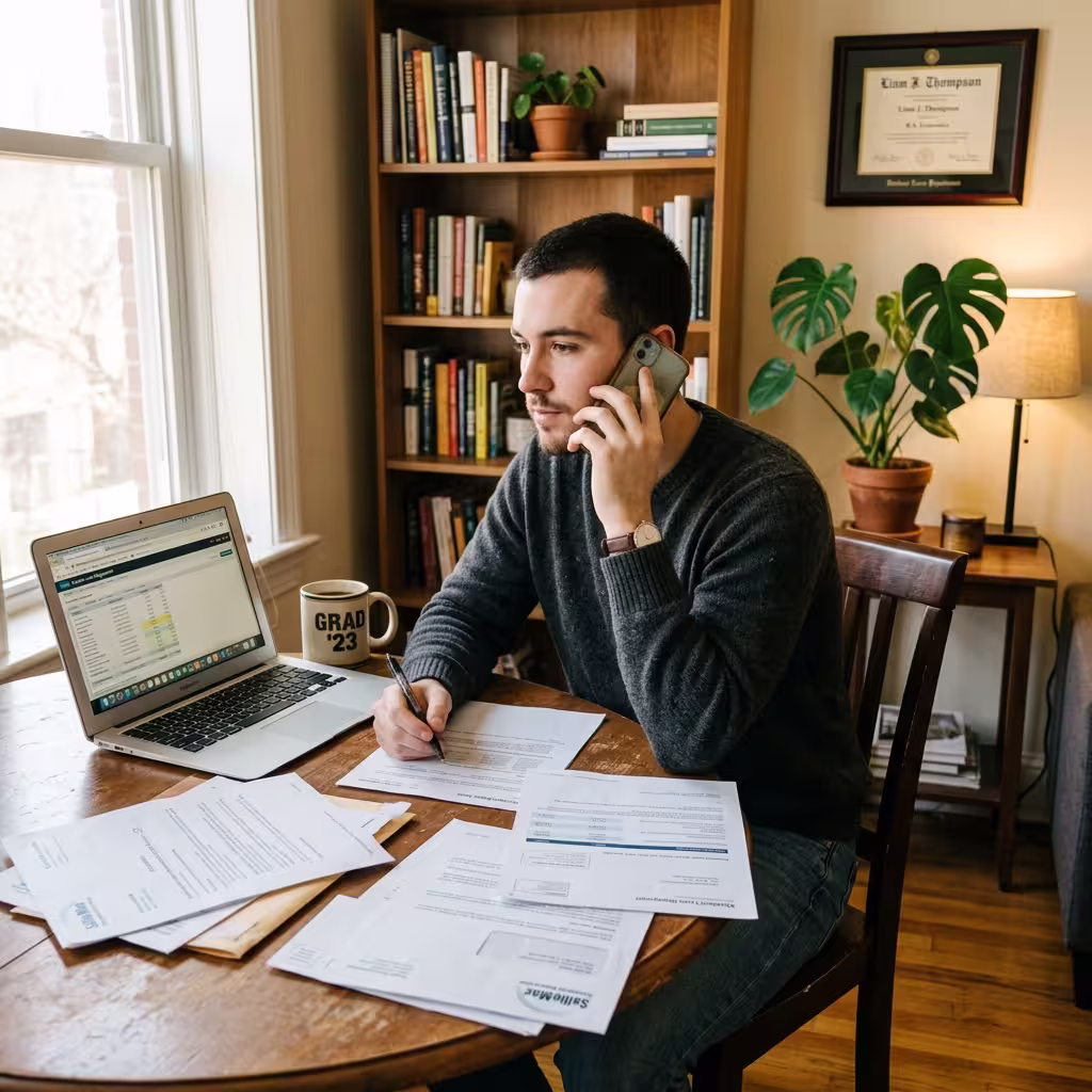 Recent graduate in an apartment calls his mom beside a laptop and loan papers about cheap life insurance for young adults.