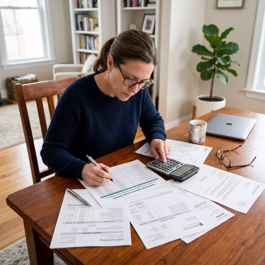 Homeowner reviews payout calculations in how to file a homeowners insurance claim.
