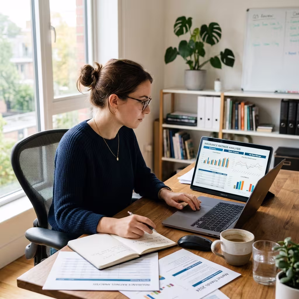 A woman analyzing insurance ratings on her laptop, researching the best life insurance companies based on A.M. Best and COMDEX scores.