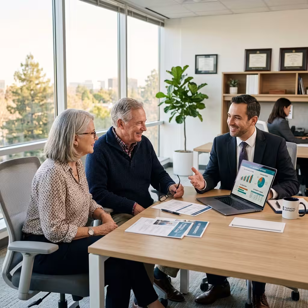 A financial advisor consulting with a senior couple about the best life insurance companies in a modern office setting.
