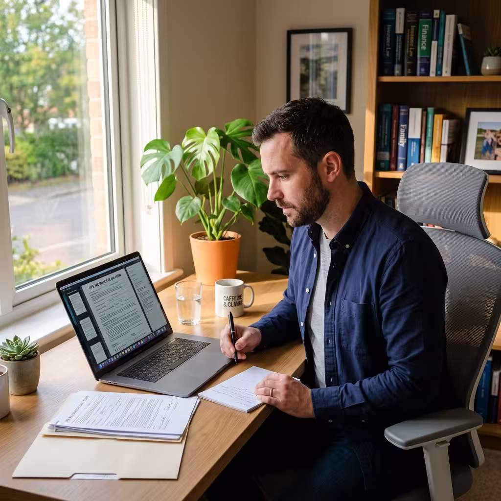 A man in a home office reviewing life insurance claims, ensuring smooth processes with the best life insurance companies.