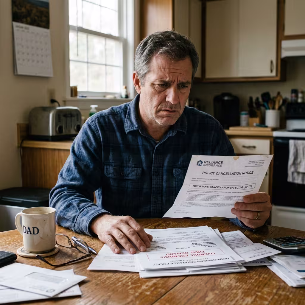 Worried man reviewing cancellation paperwork at home, reflecting the risks in a whole life vs term life insurance choice.