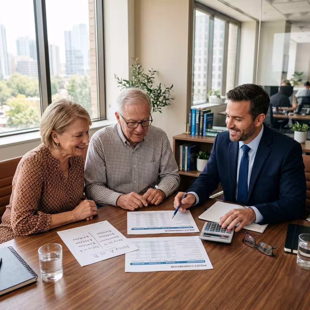 Senior couple and financial advisor comparing printed life insurance for seniors premium quotes across a table with a calculator.