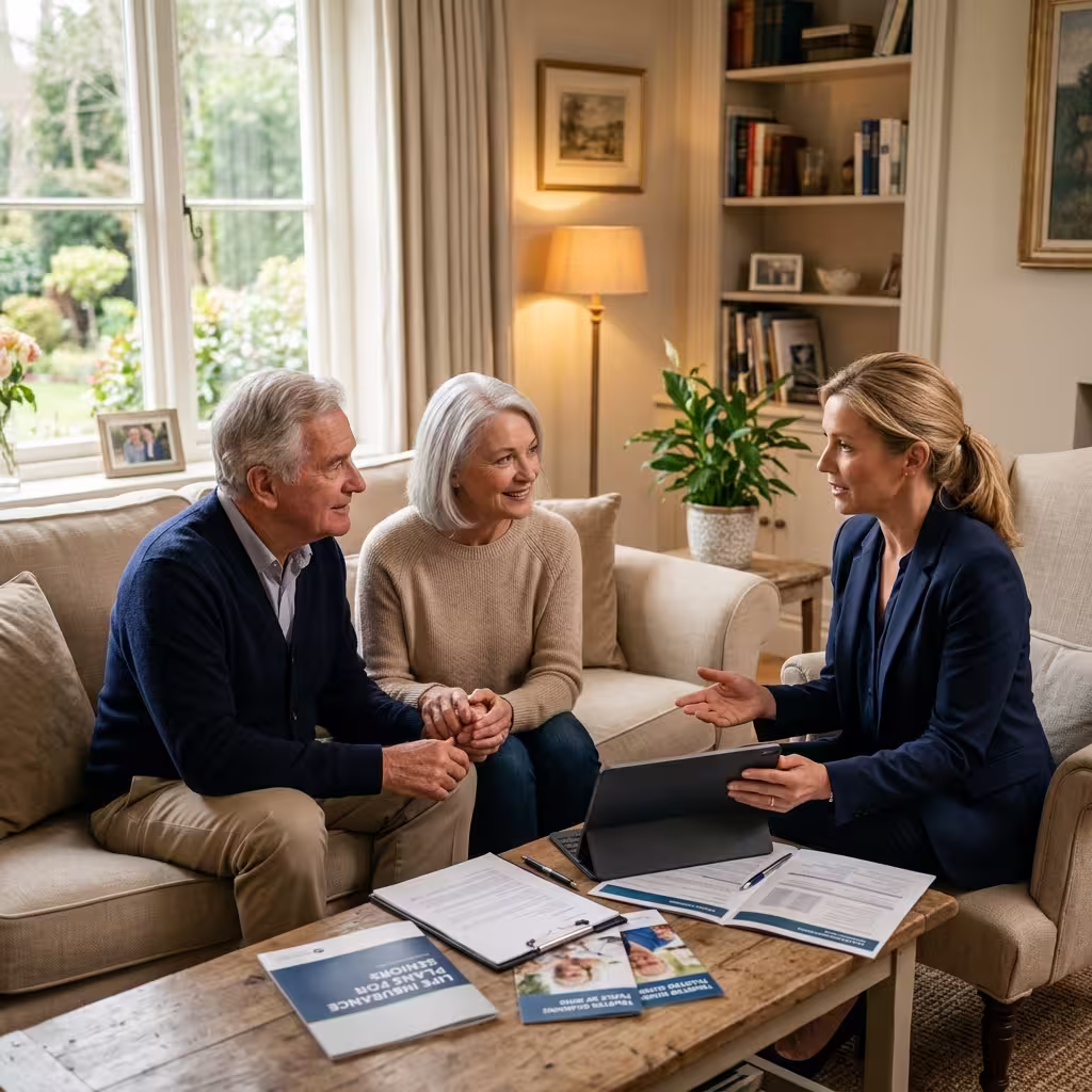 Elegant senior couple meeting with a trusted advisor in a bright home to discuss life insurance for seniors planning.