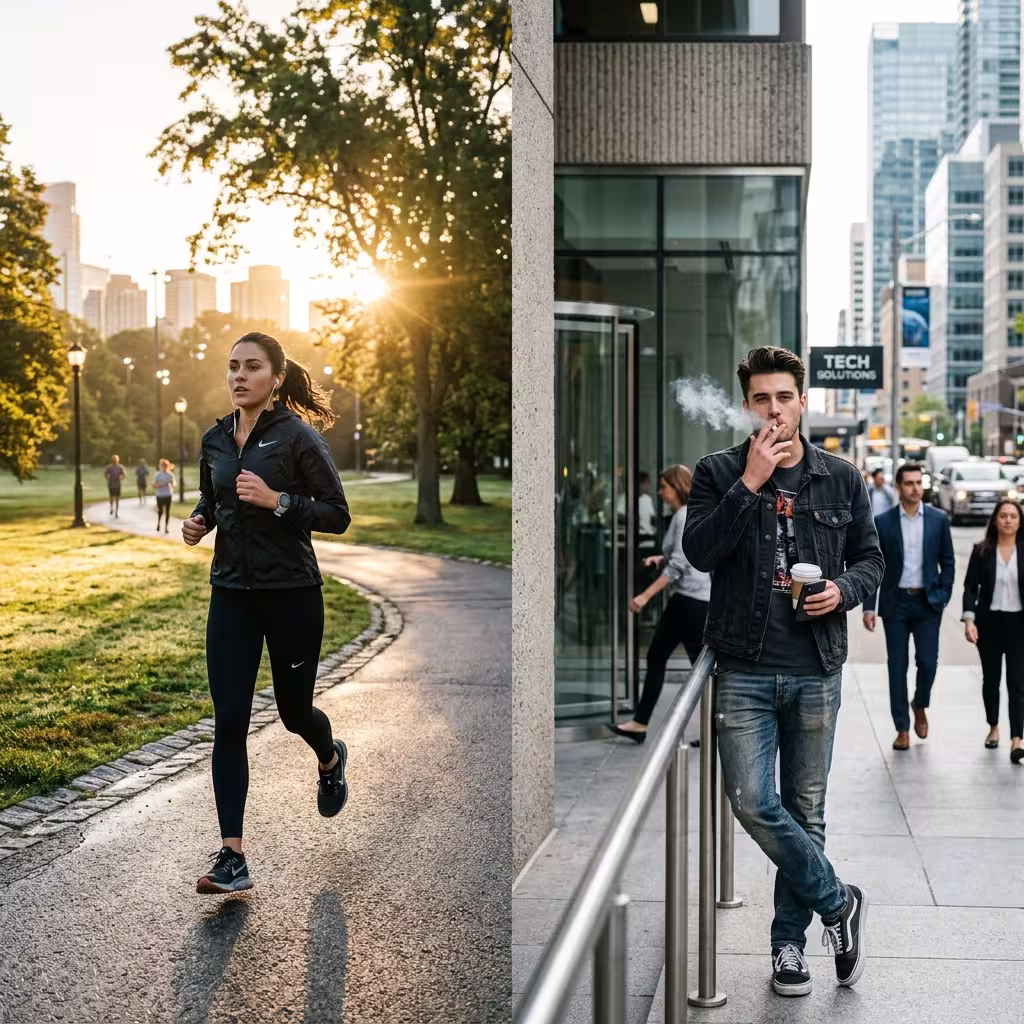 Side-by-side jogger and smoker show health habits that affect cheap life insurance for young adults.