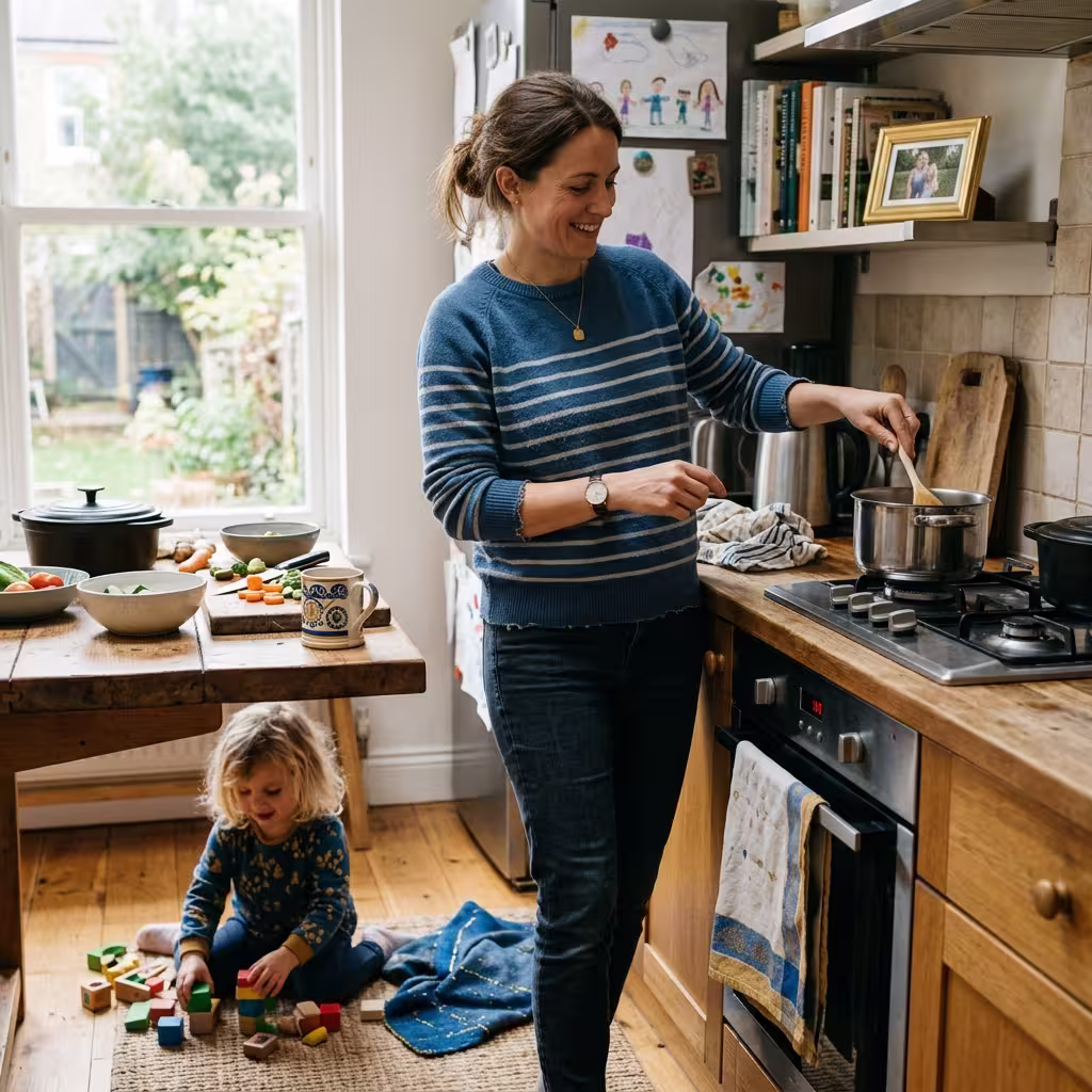 Stay-at-home parent manages childcare while showing how much life insurance do I need includes unpaid care.