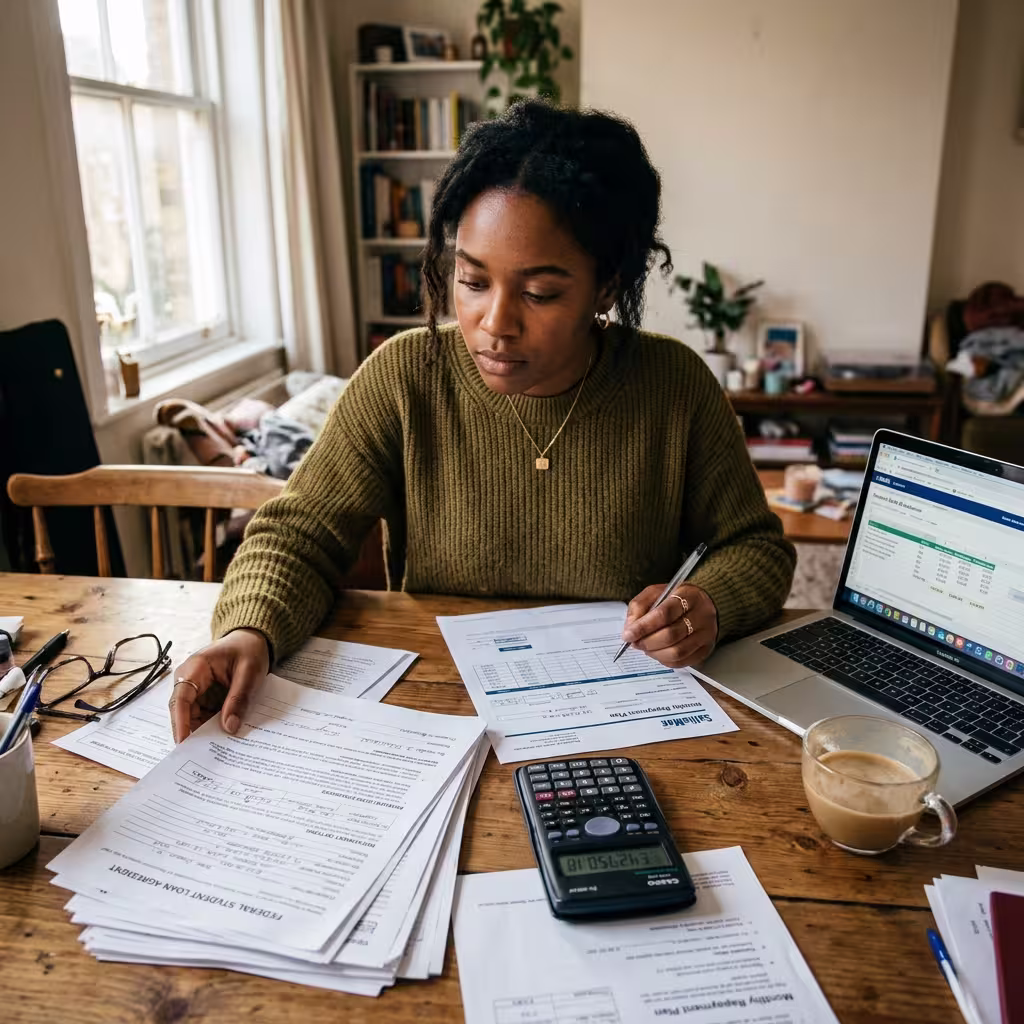 Young adult compares cheap life insurance for young adults on a laptop with notes, phone, coffee, and papers.