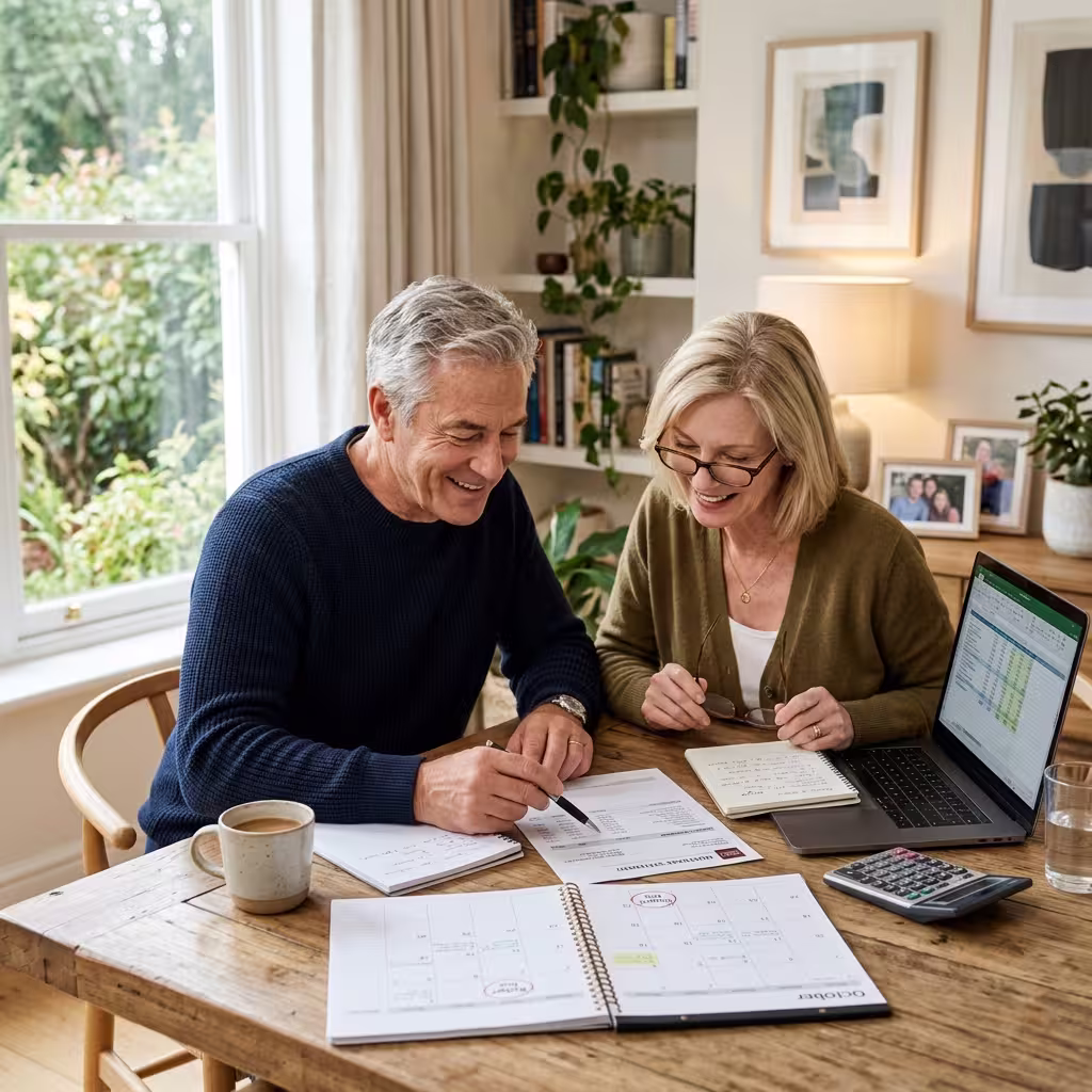 Healthy couple in their early 60s comparing term life insurance documents at a sunlit dining table with mortgage papers nearby.