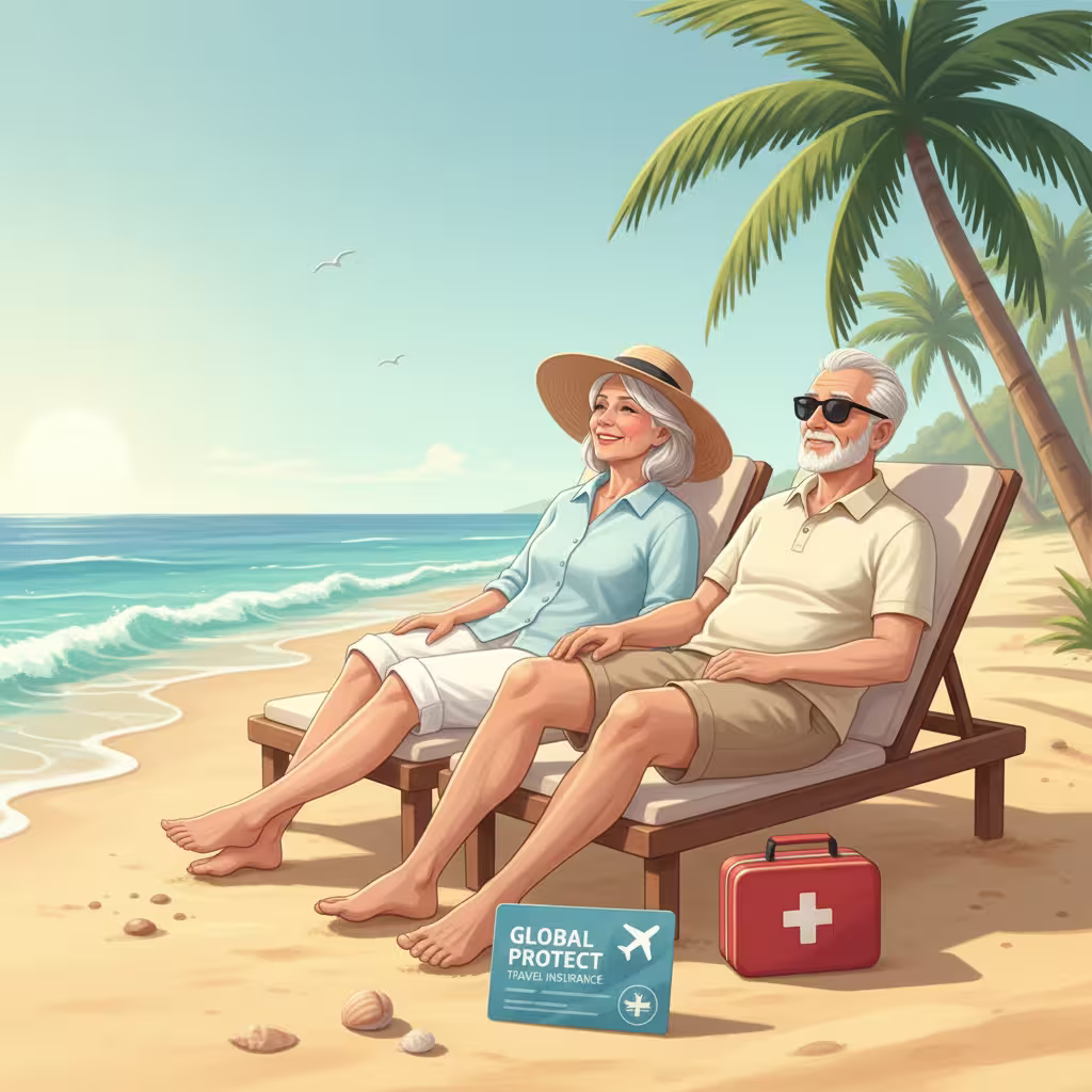 Senior couple sun bathing on a beach - Travel insurance for seniors