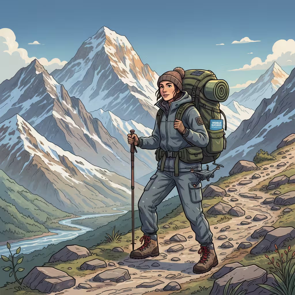 A nomad wearing a backpack and trekking