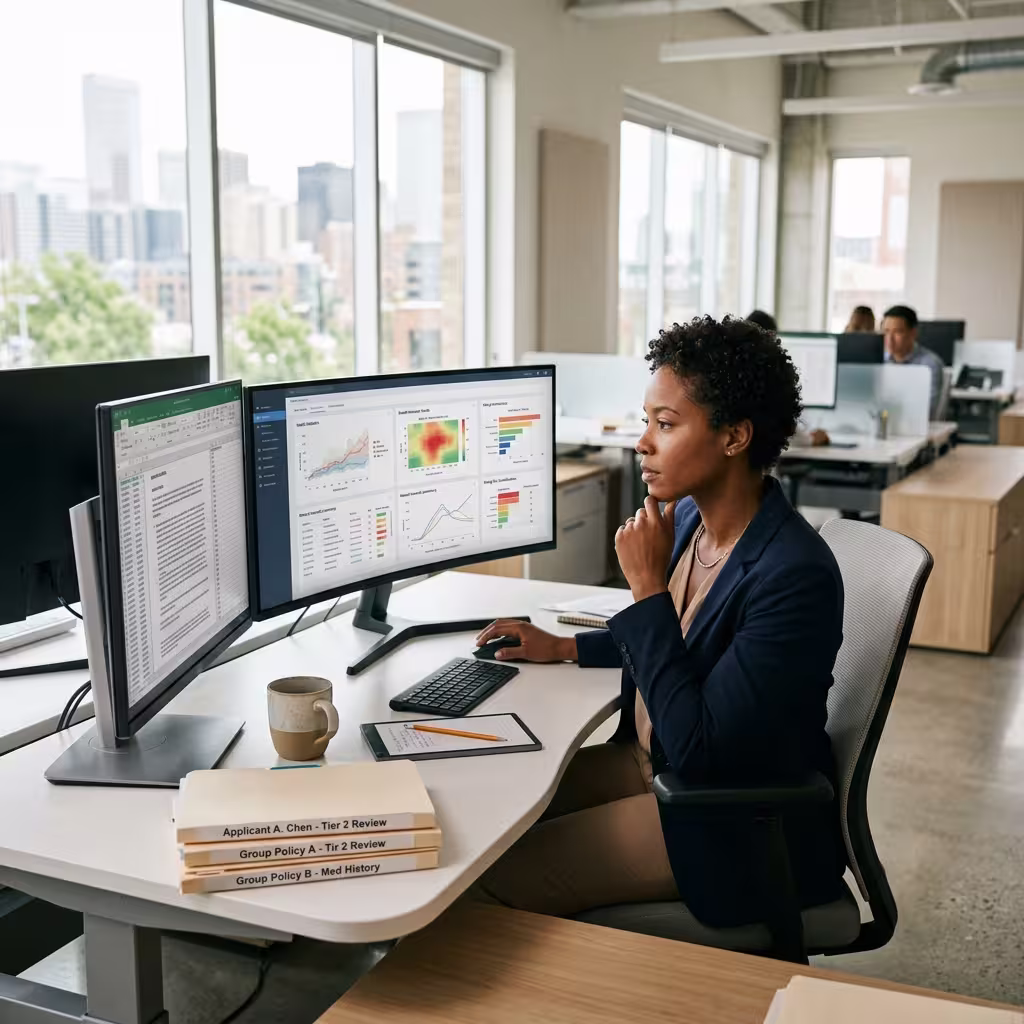 Underwriter reviews health records, risk profiles, and rating tiers for life insurance with pre-existing conditions.