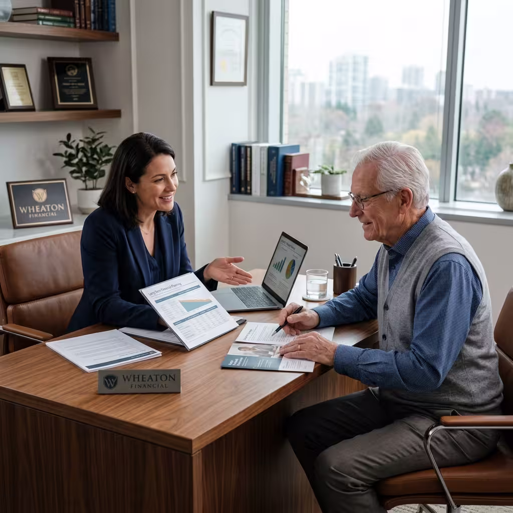 Senior man meeting with a financial advisor in a professional office to discuss whole life insurance for seniors coverage.