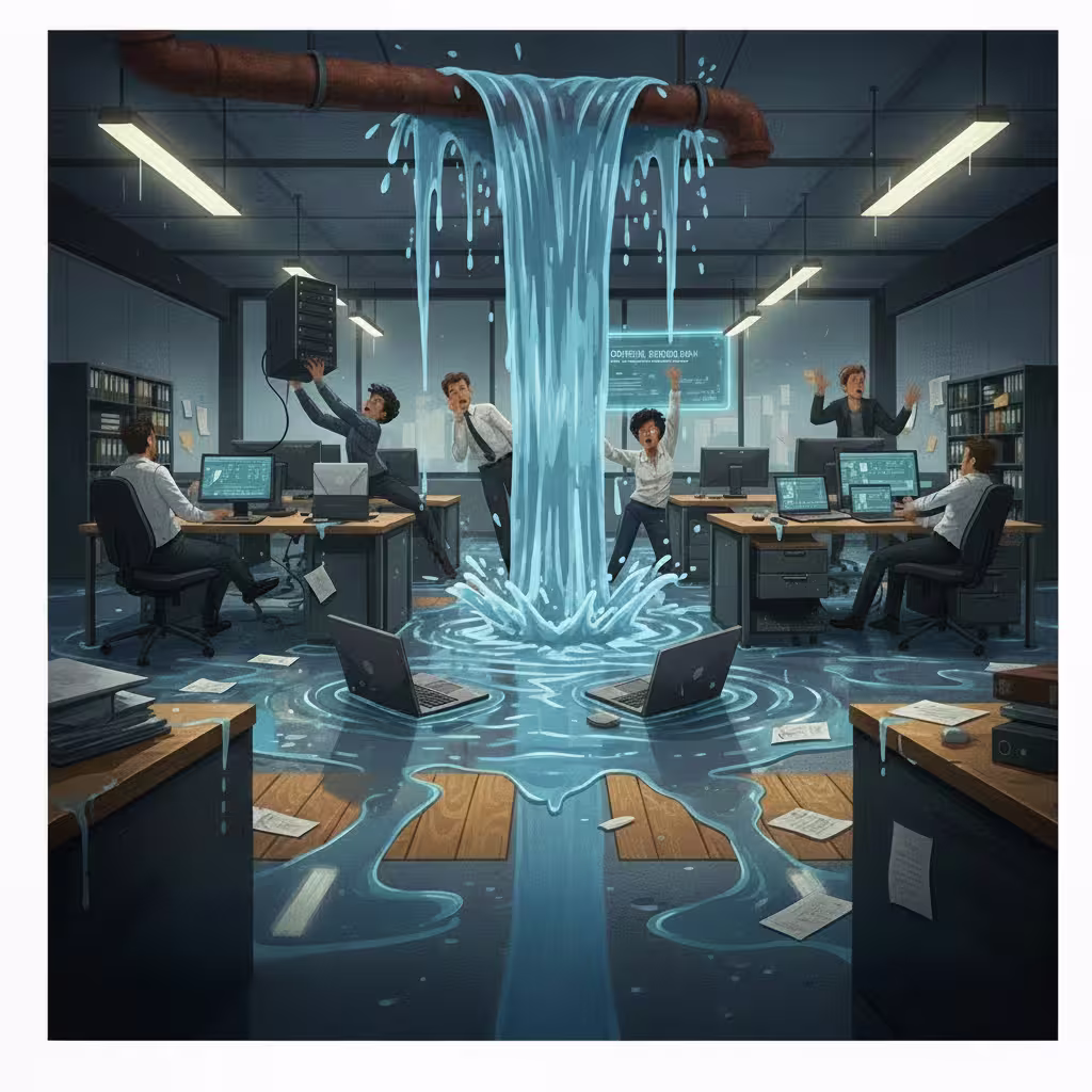 pipe burst in workplace. Creating a chaos - small business insurance
