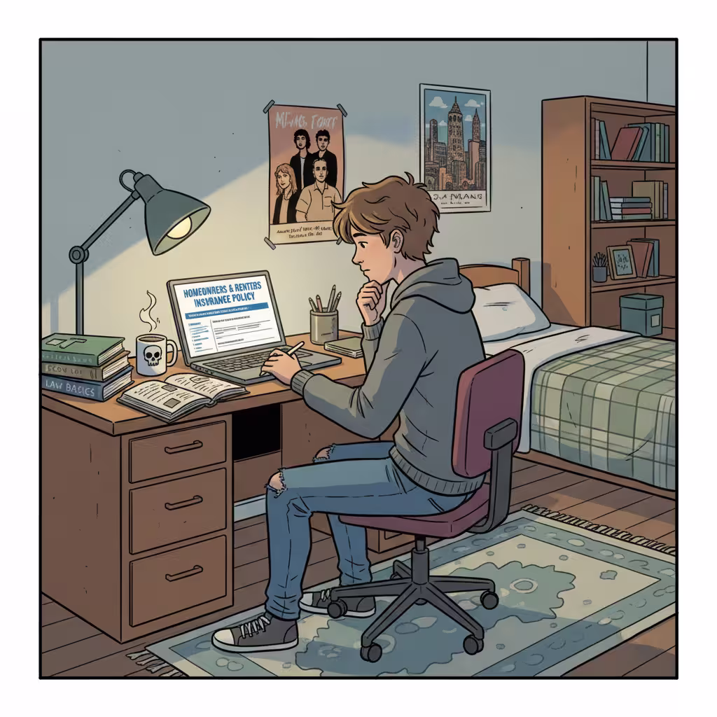 A college student reviewing cheap renters insurance plans