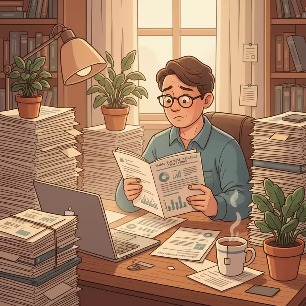 confused small business owner reviewing small business insurance policies