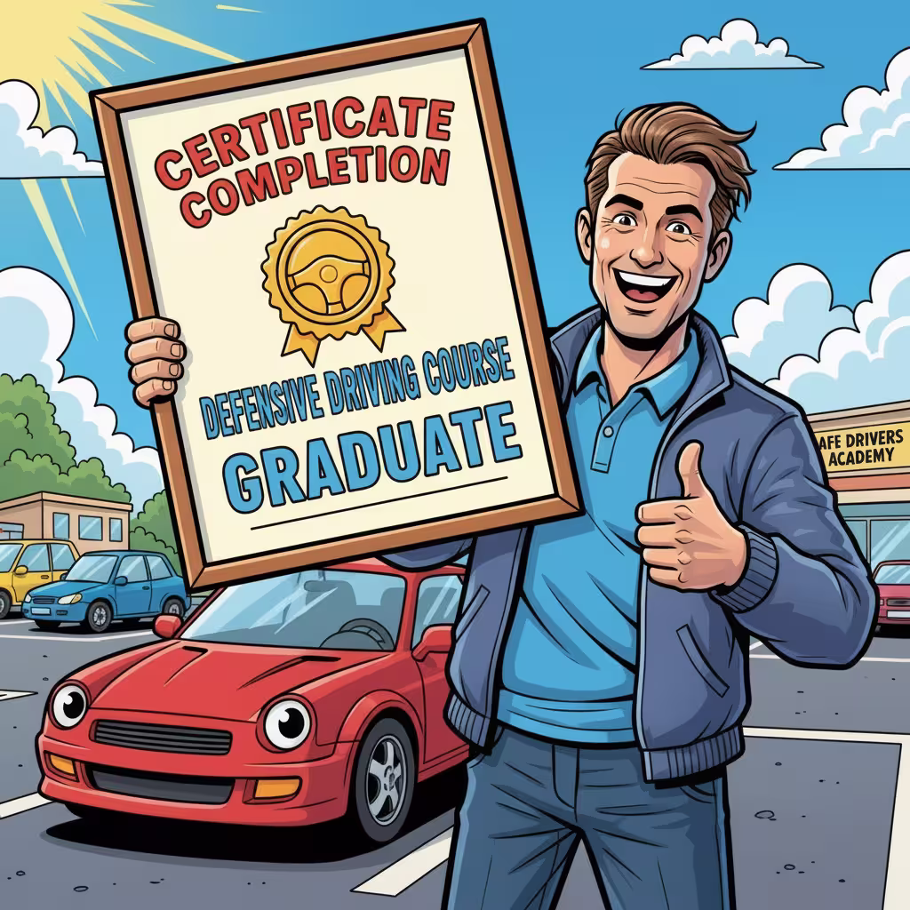 A man holding a certificate of 'defensive driving' course completion