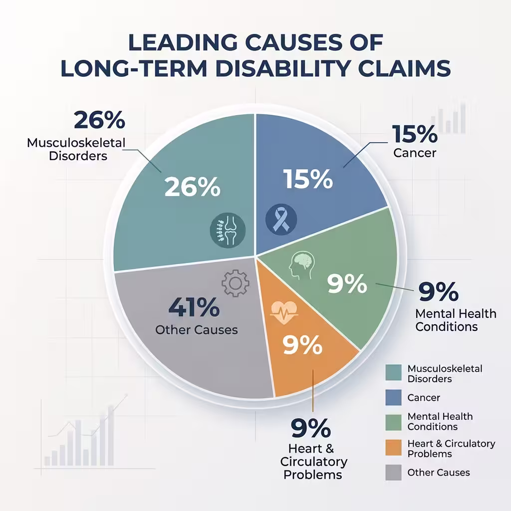 A pie chart from the disability insurance guide showing the leading causes of long-term disability claims.