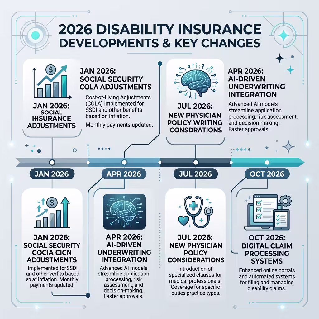 A timeline from the disability insurance guide highlighting key changes in 2026, including Social Security updates and AI-driven underwriting.