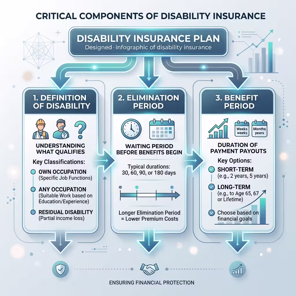 A flowchart from the disability insurance guide detailing the critical components of disability insurance policies.