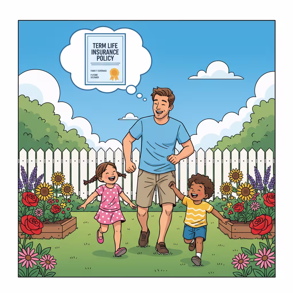 father and kids playing while father happily thinking about the best decision he made regarding the life insurance for his family