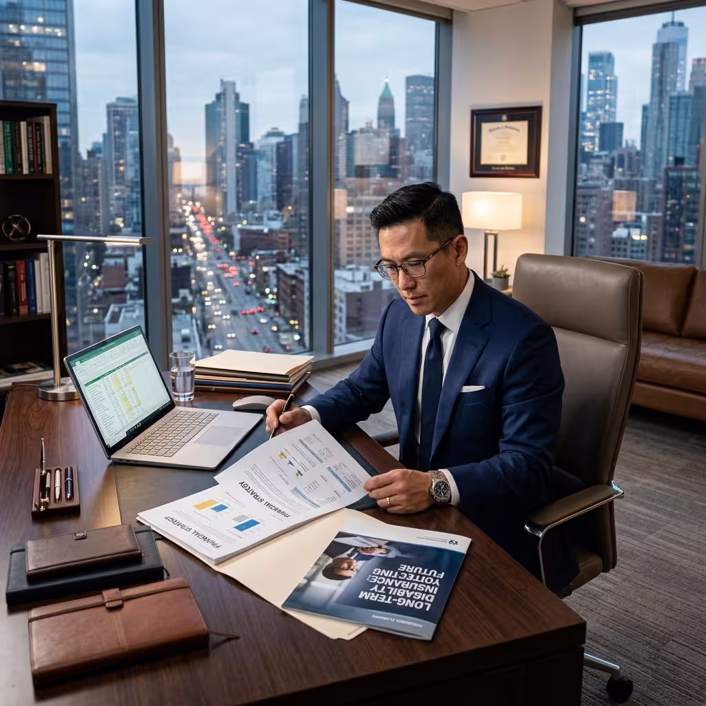 A high-earning professional reviewing financial plans with insights from a disability insurance guide in a corporate setting.