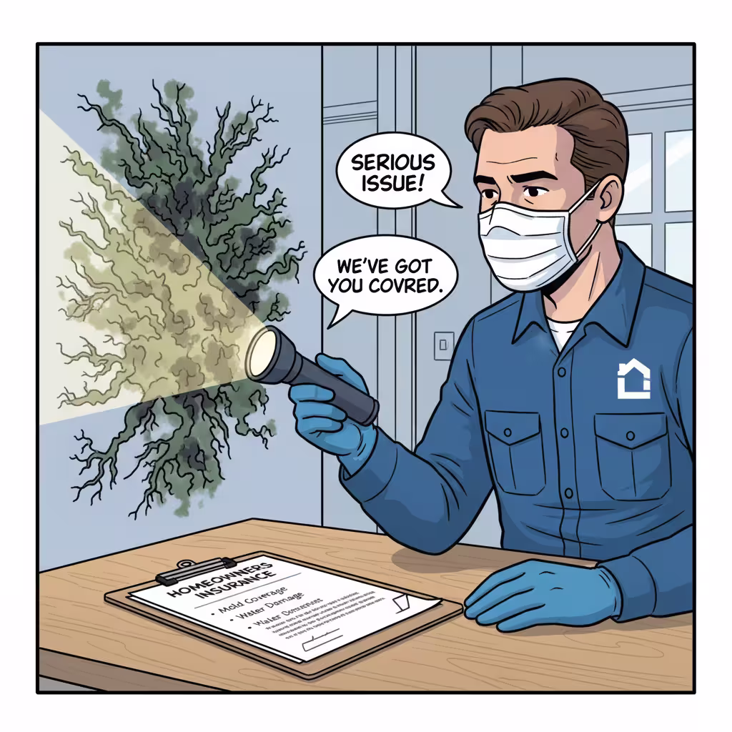 a person inspecting mold on a wall for home insurance coverage