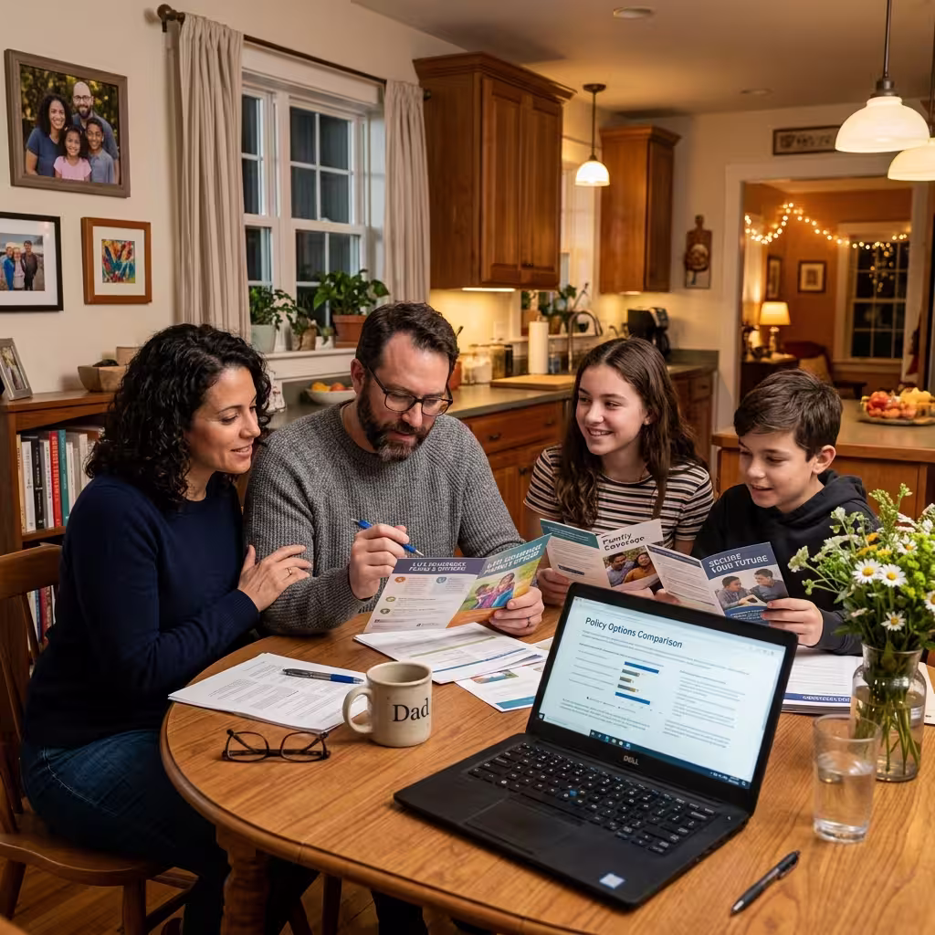 A family of four sitting at a kitchen table, reviewing documents and a laptop to compare the best life insurance companies for their needs.