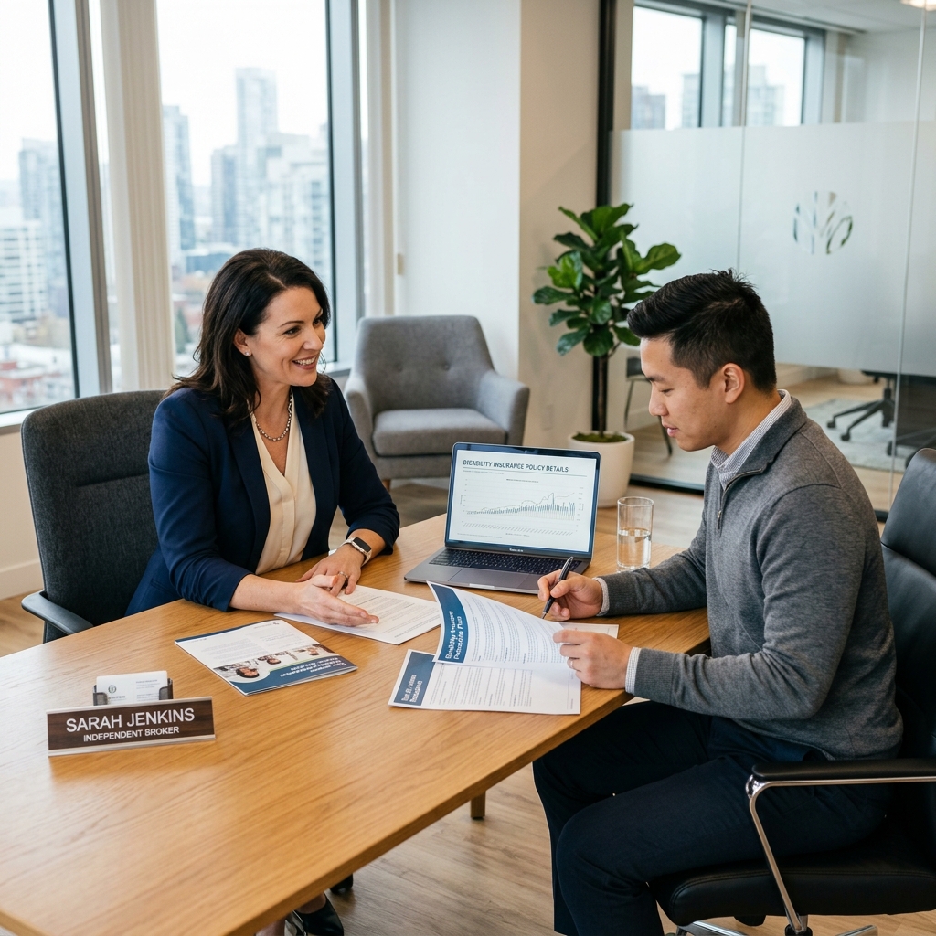 An independent broker consulting with a client, using a disability insurance guide to compare policies in a modern office.
