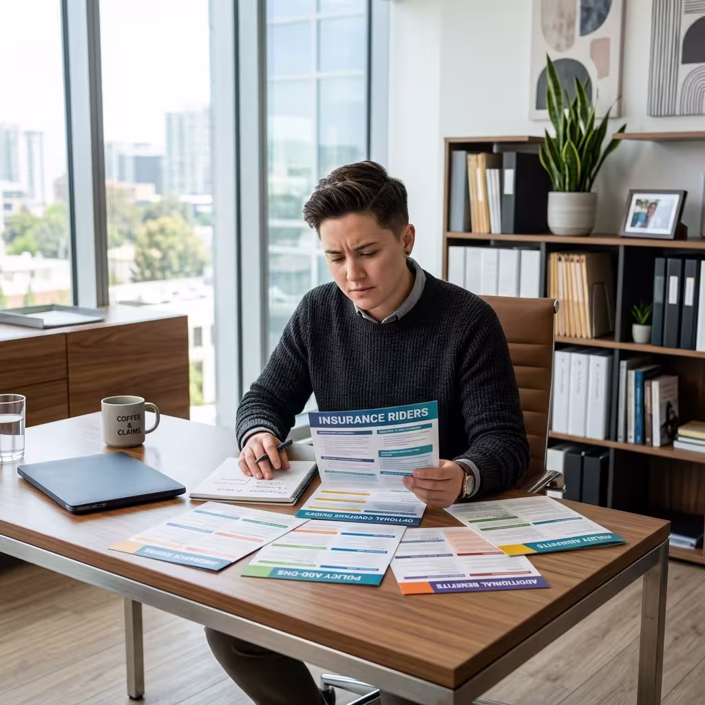 A person reviewing multiple insurance rider brochures, contemplating the best options with guidance from a disability insurance guide.