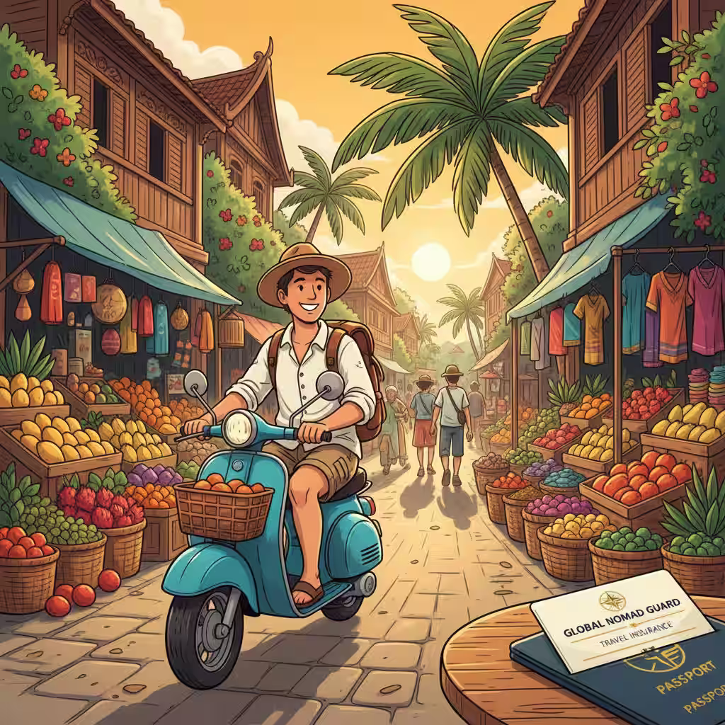 A nomad is riding a scooter through a bazaar