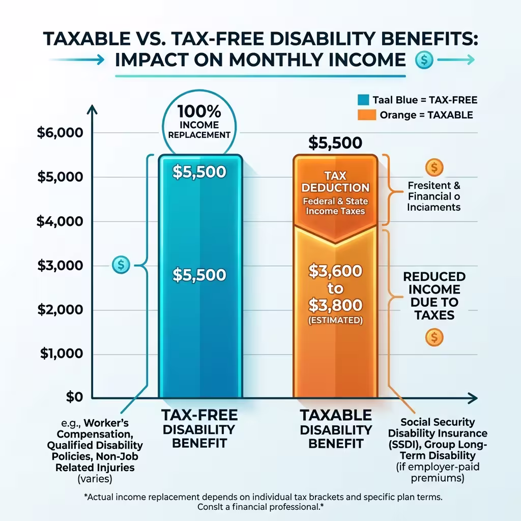 A bar chart from the disability insurance guide comparing taxable and tax-free disability benefits.