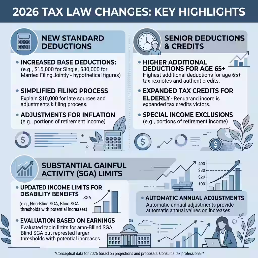 An infographic summarizing 2026 tax law changes, including standard deductions and senior deductions, with relevance to 'are disability insurance benefits taxable.'