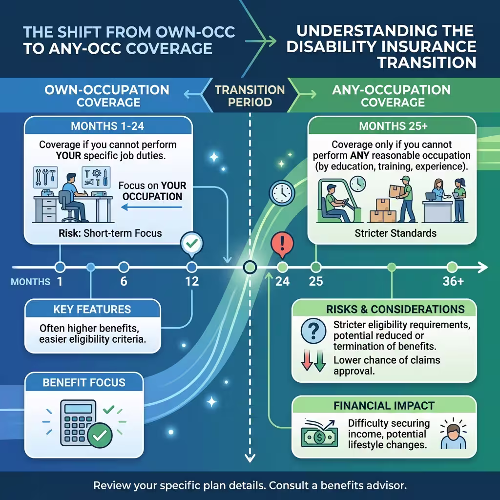 A timeline infographic illustrating the switch from own-occupation to any-occupation coverage in group LTD plans at month 25, showcasing a critical difference in individual vs group disability insurance.