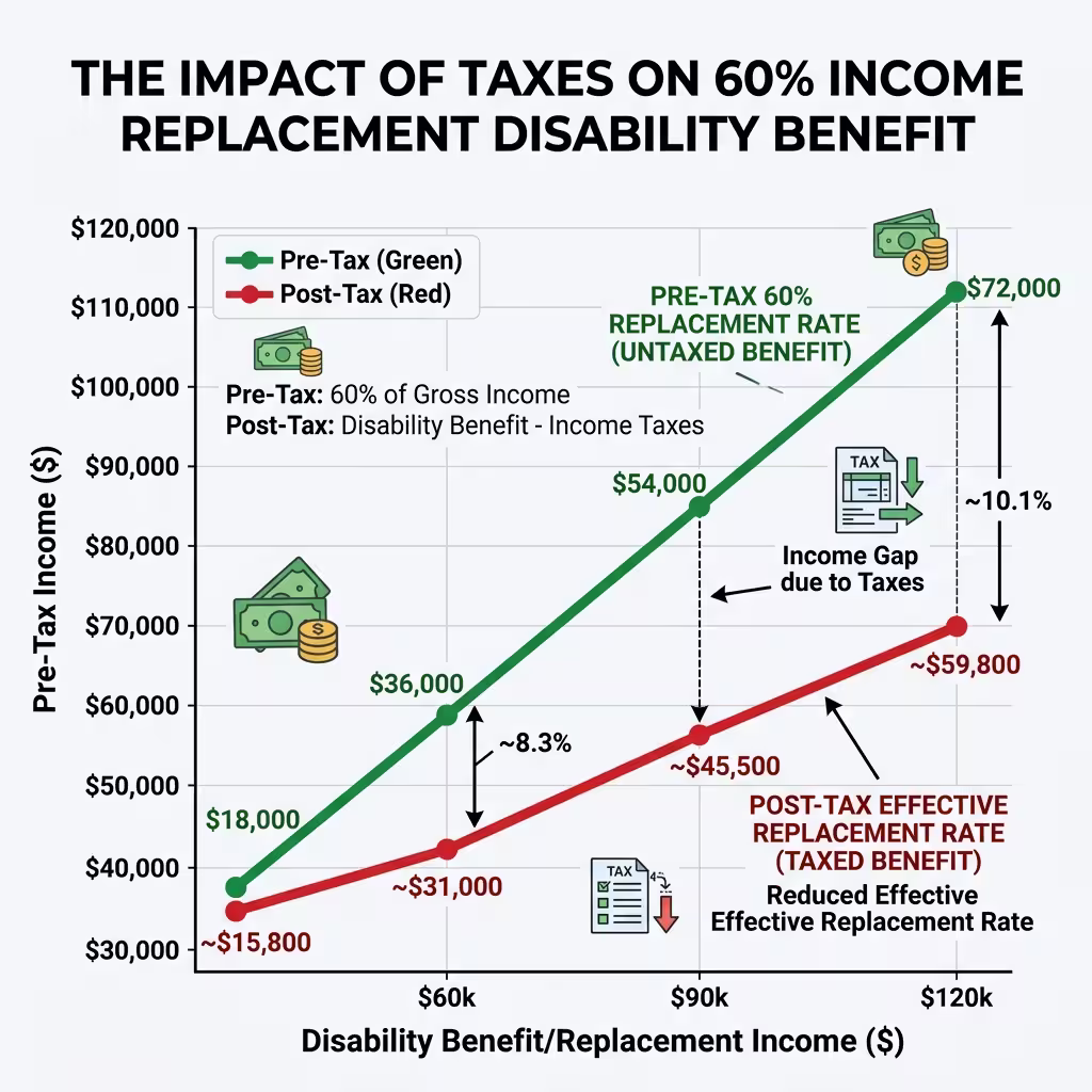 A chart illustrating the impact of taxes on a 60% income replacement disability benefit, highlighting the reduced effective replacement rate and addressing 'are disability insurance benefits taxable.'