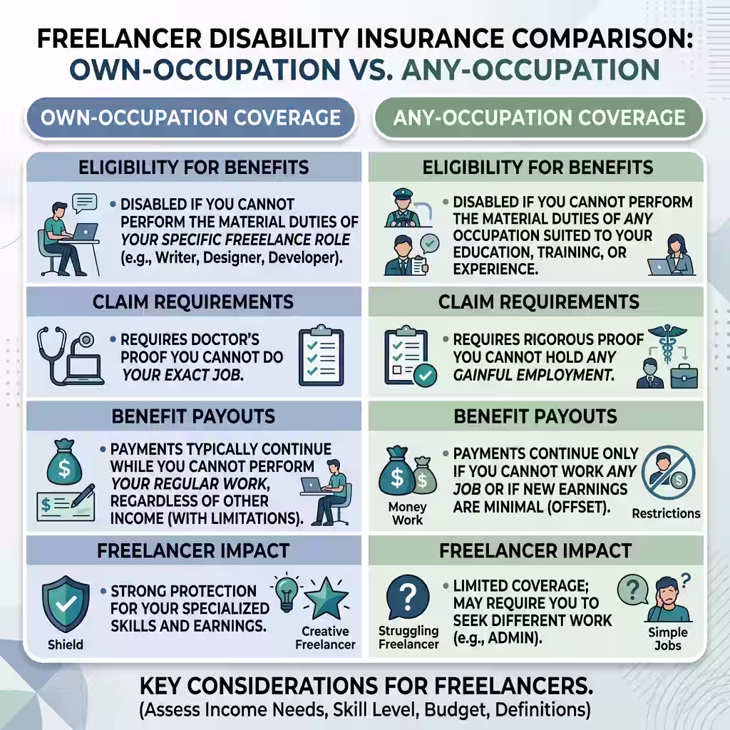 A professional infographic comparing Any-Occupation vs. Own-Occupation disability insurance coverage, showcasing the benefits of Own-Occupation policies for freelancers.