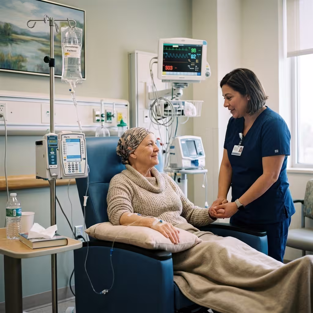 A person receiving chemotherapy treatment in a hospital setting, highlighting cancer as a significant cause of disability claims.