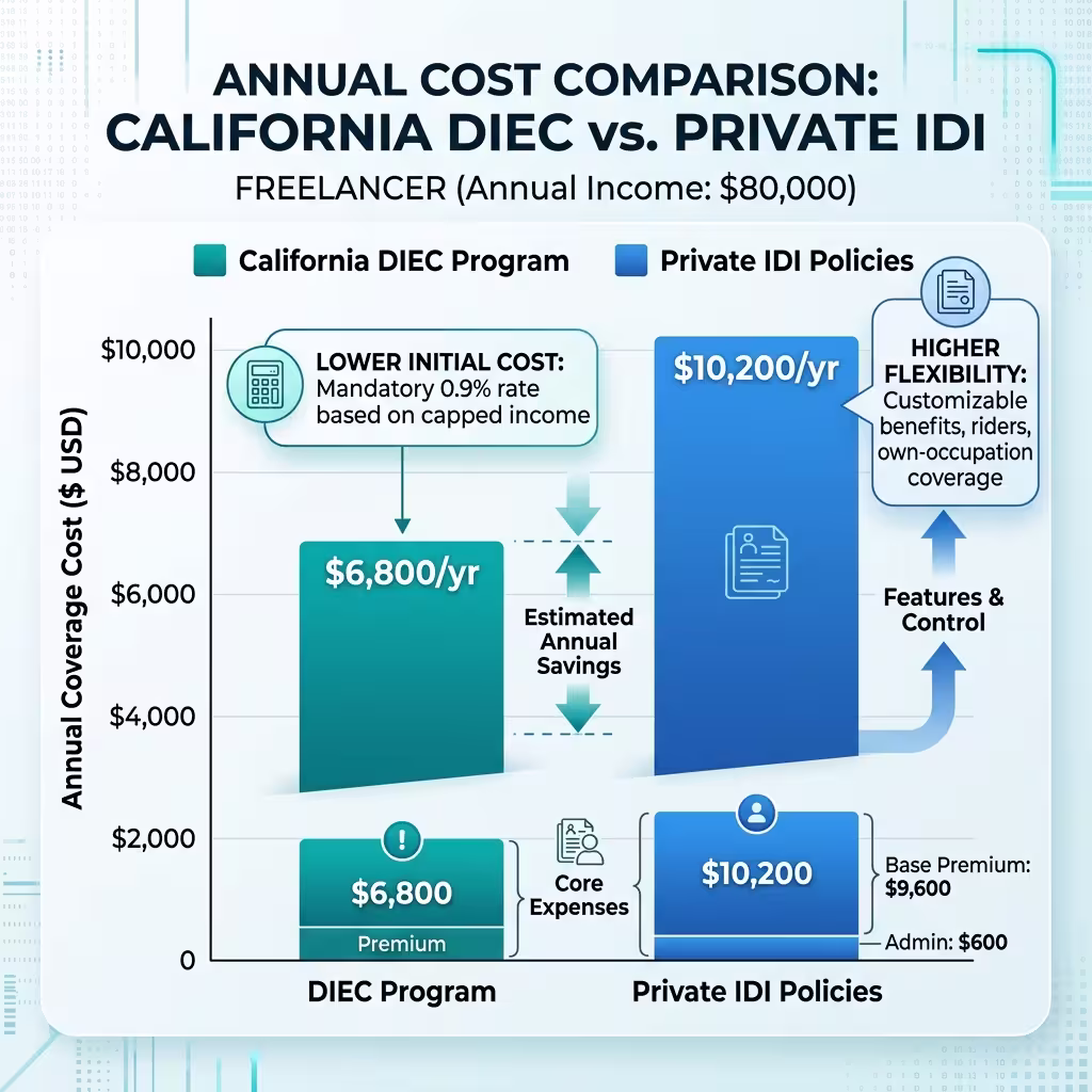 A bar chart comparing the costs of California's DIEC program versus private IDI policies for freelancers earning $80,000 annually, focusing on disability insurance for freelancers.