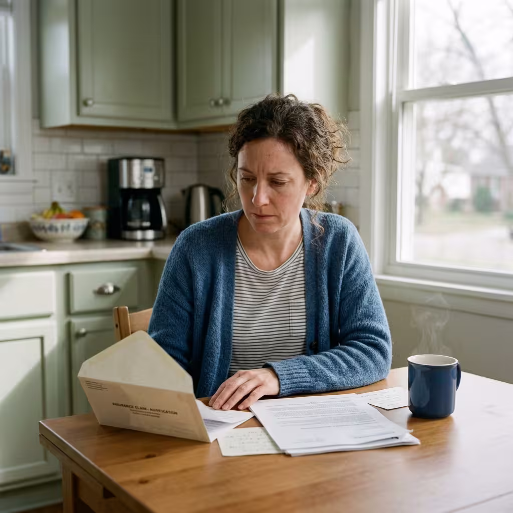 A person sitting at a kitchen table, staring at an open envelope next to an untouched coffee cup, symbolizing the emotional impact of a denied mental health disability insurance claim.