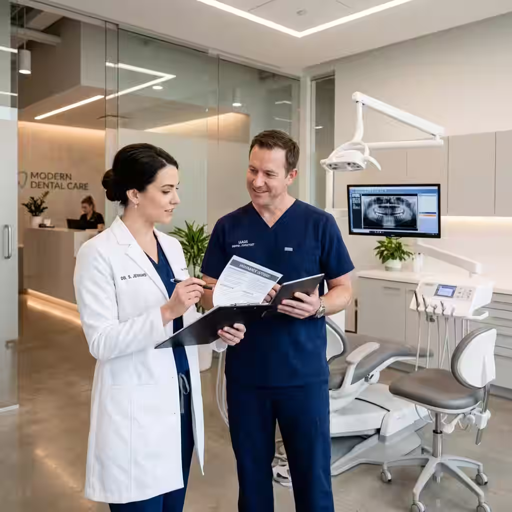 Two dentists in a modern clinic, collaboratively reviewing disability insurance for physicians options on a clipboard, emphasizing professionalism and patient-focused care.