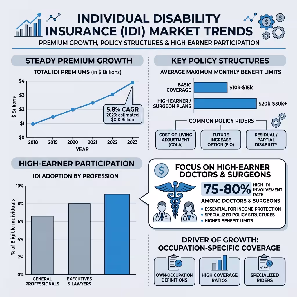 A chart showing market trends in individual disability insurance, including premium growth and high-earner participation, emphasizing the relevance of individual vs group disability insurance.