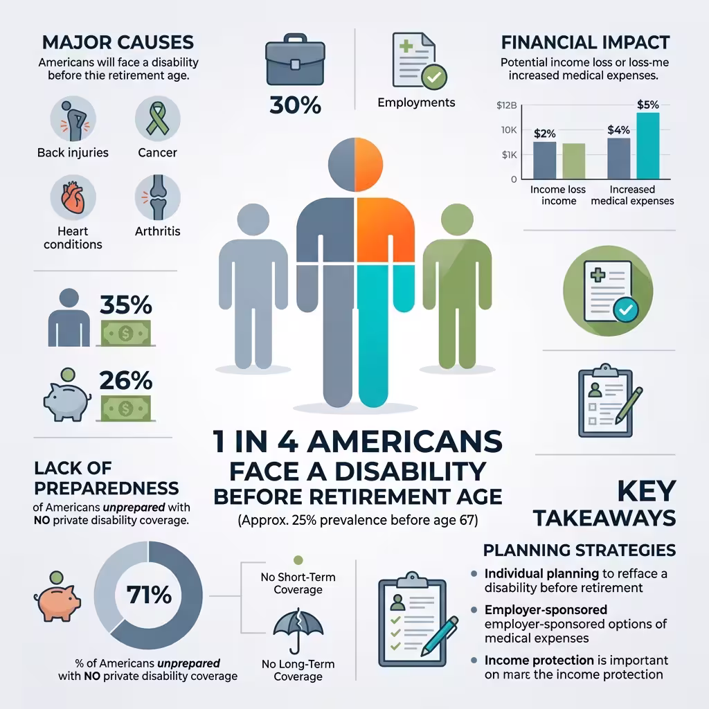 An infographic visualizing the statistic that 1 in 4 Americans will face a disability before retirement, emphasizing the causes of disability claims.
