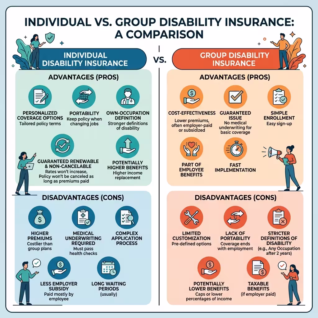 A balanced infographic listing the advantages and disadvantages of individual and group disability insurance, providing a clear comparison of individual vs group disability insurance.