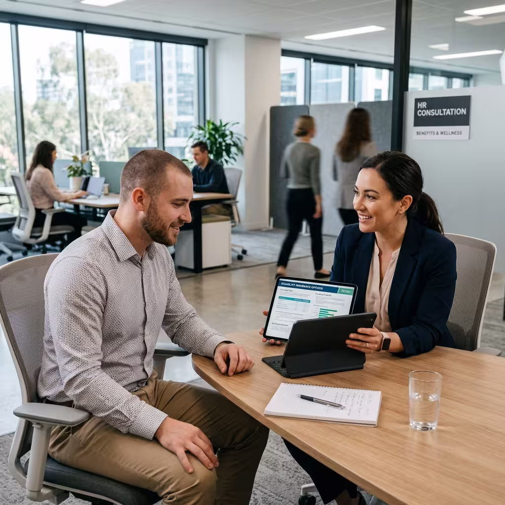 An employee consulting with an HR representative about disability insurance options in a modern office, addressing the question 'are disability insurance benefits taxable
