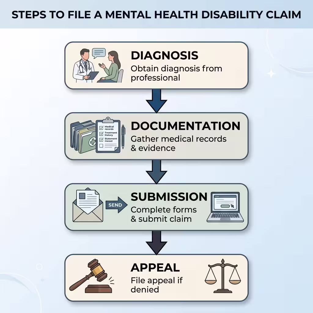 A flowchart explaining the steps to file a mental health disability insurance claim, including diagnosis, documentation, submission, and appeal.