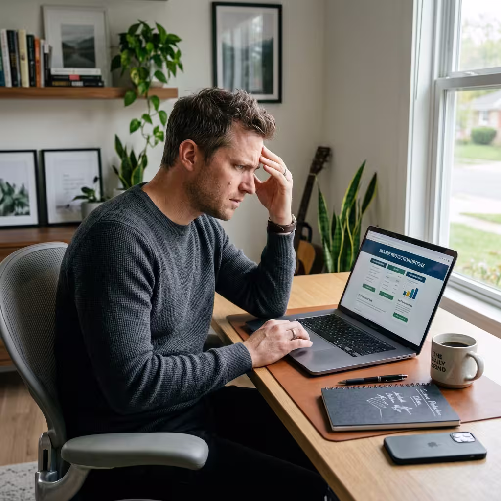 A freelancer sitting at a modern home office desk, looking stressed while reviewing income protection options on a laptop, highlighting the importance of disability insurance for freelancers.